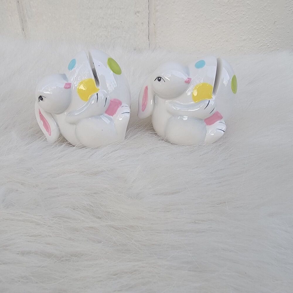 Set of 2 handpainted ceramic Easter bunny place card holders